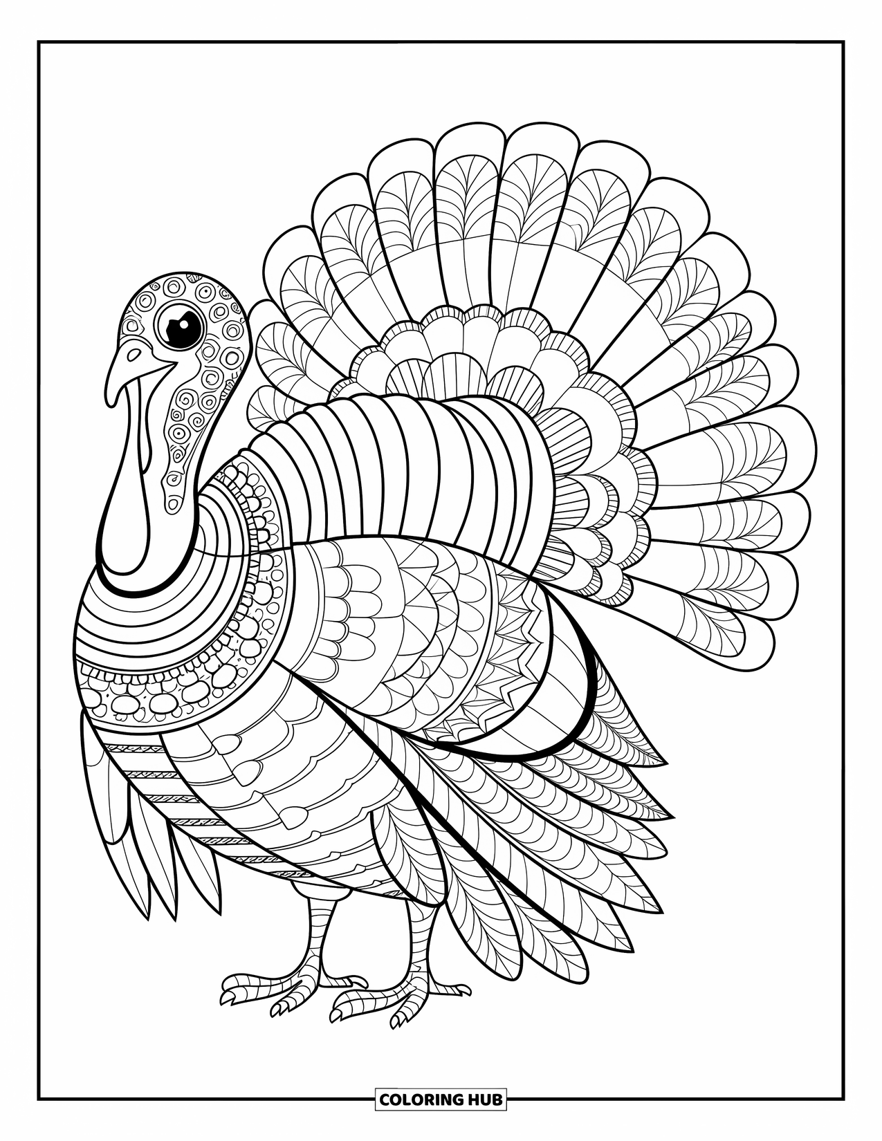 Fall Mandala Coloring Page for Kids: Mandala of turkey body with swirling feather, leaf, and acorn patterns