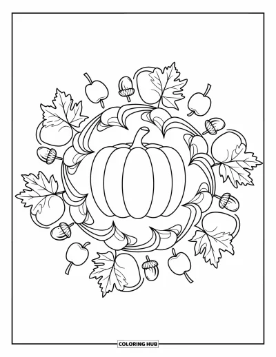 Coloriage de mandala d'automne pour enfants : Citrouille en mandala avec des pommes, feuilles et glands tourbillonnants