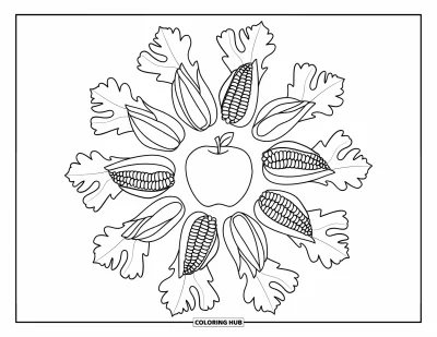 Coloriage de mandala d'automne pour enfants : Anneaux de mandala de feuilles et enveloppes autour d'une pomme centrale