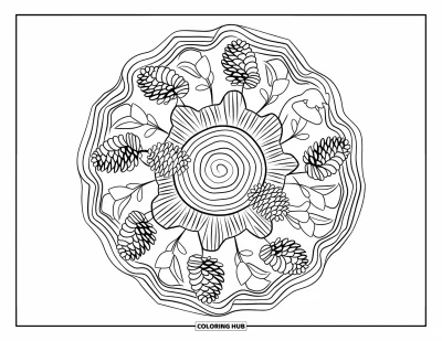 Coloriage de mandala d'automne pour enfants : Anneaux de mandala de pommes de pin, champignons et feuilles autour d'une souche d'arbre