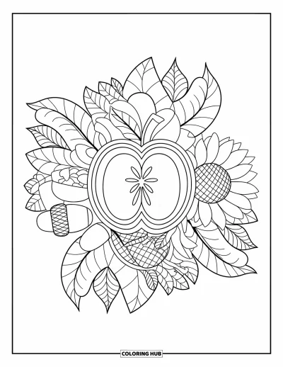 Coloriage de mandala d'automne pour enfants : Cœur de pomme façon mandala encadré de détails automnaux