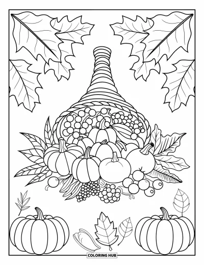 Coloriage de mandala d'automne pour enfants : Corne d'abondance façon mandala avec fruits et légumes en cercles symétriques