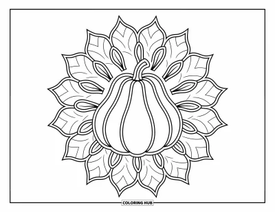 Coloriage de mandala d'automne pour enfants : Courge façon mandala avec des couches de feuilles d'automne très détaillées