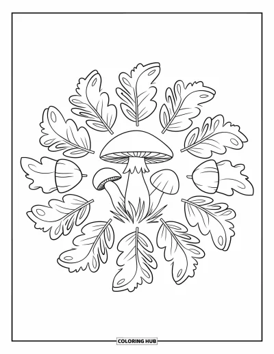 Coloriage de mandala d'automne pour enfants : Champignon façon mandala avec des anneaux de glands et bouquets de feuilles