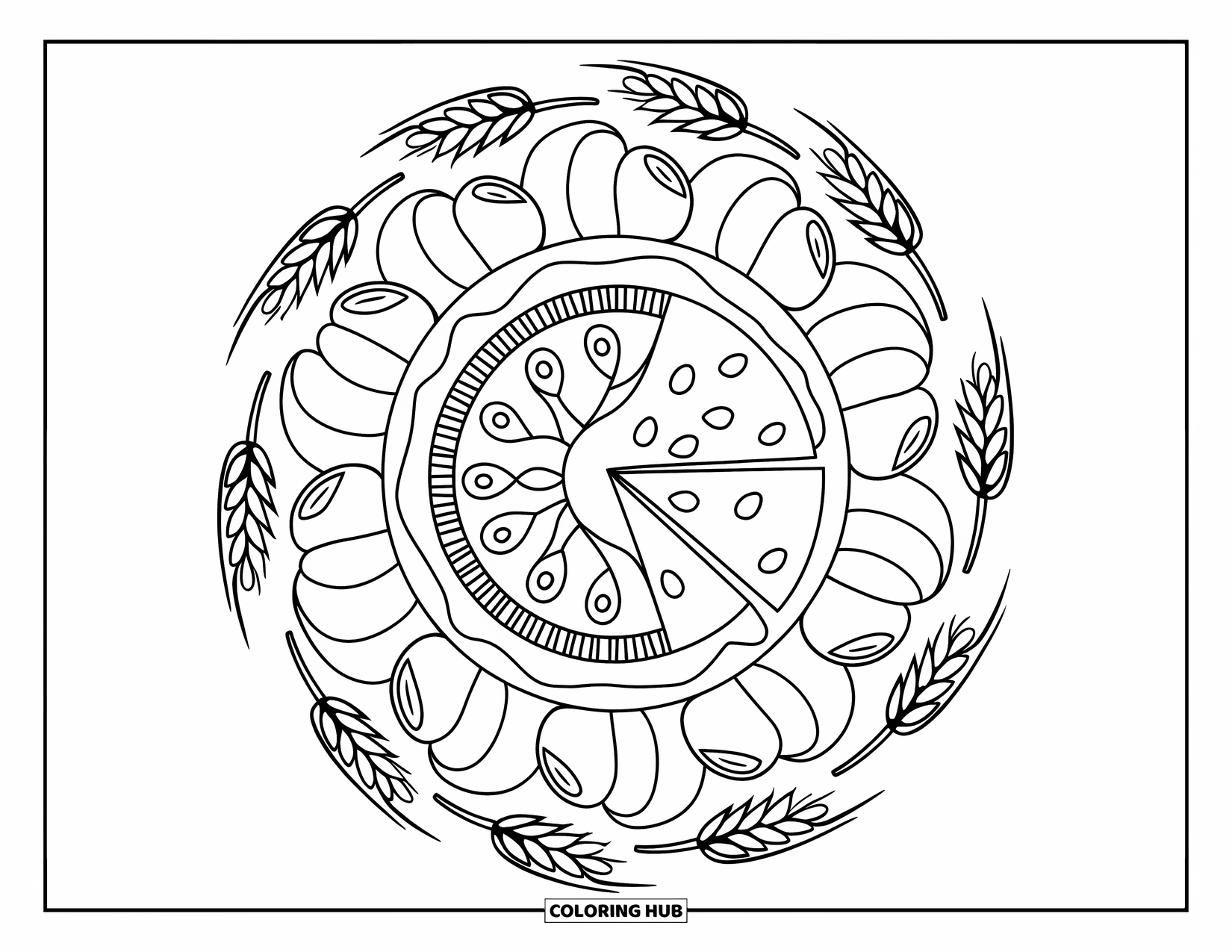 Fall Mandala Coloring Page for Kids: Mandala-style pie slice surrounded by layers of apples and wheat