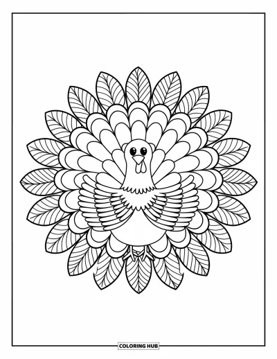 Coloriage de mandala d'automne pour enfants : Dinde façon mandala avec des ailes détaillées et des couches de plumes et feuilles