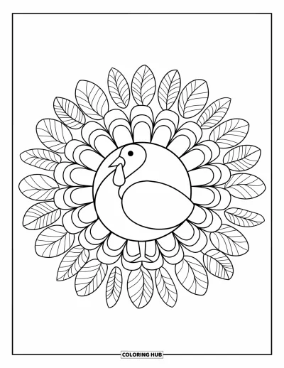 Coloriage de mandala d'automne pour enfants : Dinde en mandala avec des rangées de feuilles et plumes tout autour