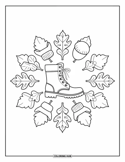 Coloriage de mandala d'automne pour enfants : Mandala avec des bottes, chapeaux, écharpes, gants et motifs de feuilles