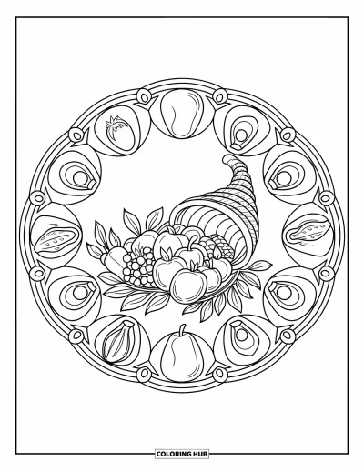 Coloriage de mandala d'automne pour enfants : Mandala avec corne d'abondance et couches symétriques de fruits et légumes