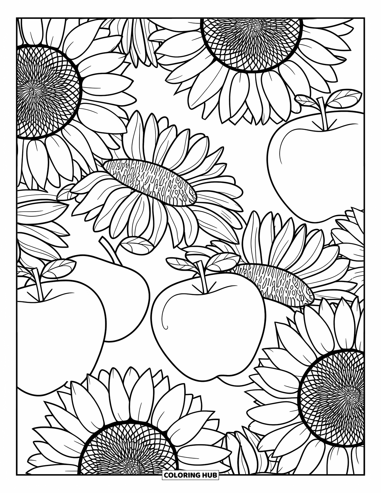 Fall Mandala Coloring Page for Kids: Mandala with layers of apples and sunflowers