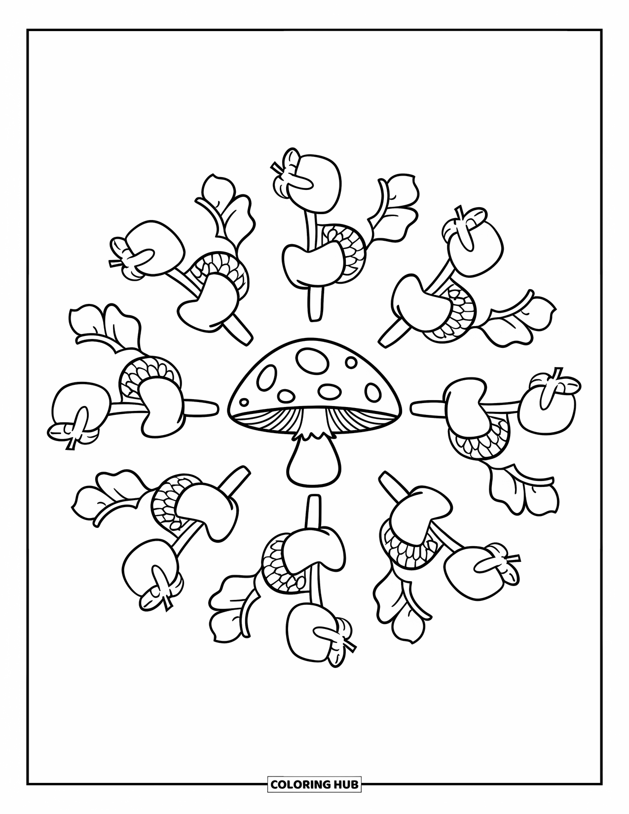 Fall Mandala Coloring Page for Kids: Mushroom cap in center with radiating acorns and leaf bunches