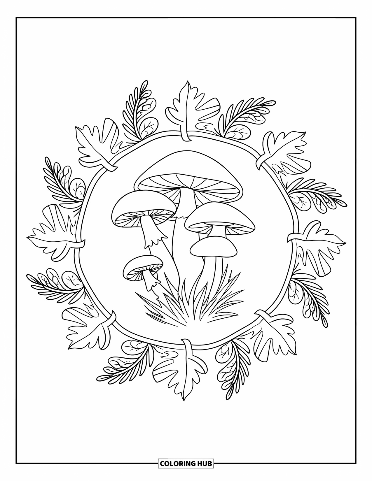 Fall Mandala Coloring Page for Kids: Mushroom cluster surrounded by rings of pinecones, oak leaves, and twigs