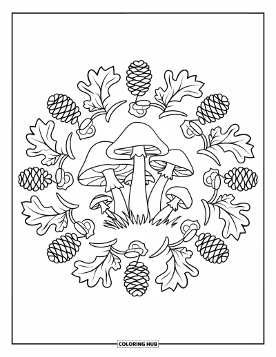 Coloriage de mandala d'automne pour enfants : Groupe de champignons entouré d'un mandala d'éléments naturels automnaux