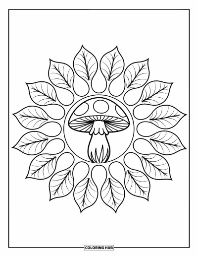 Coloriage de mandala d'automne pour enfants : Champignon au centre avec de grands pétales feuillus en couches spiralées