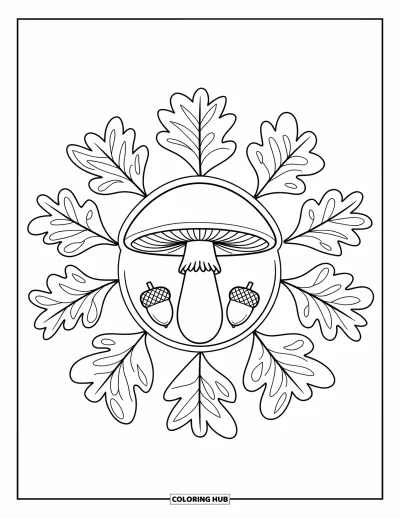 Coloriage de mandala d'automne pour enfants : Champignon au milieu avec des feuilles d'automne et glands en couches