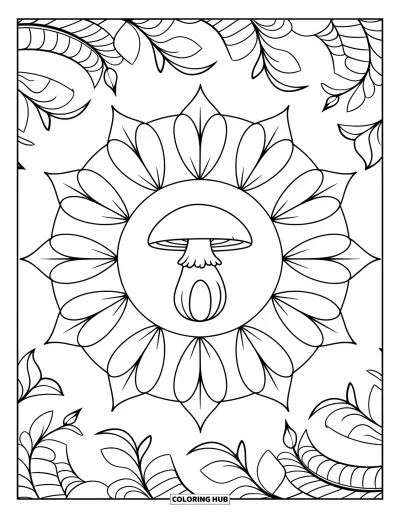 Coloriage de mandala d'automne pour enfants : Champignon avec des anneaux de mandala feuillus en spirale