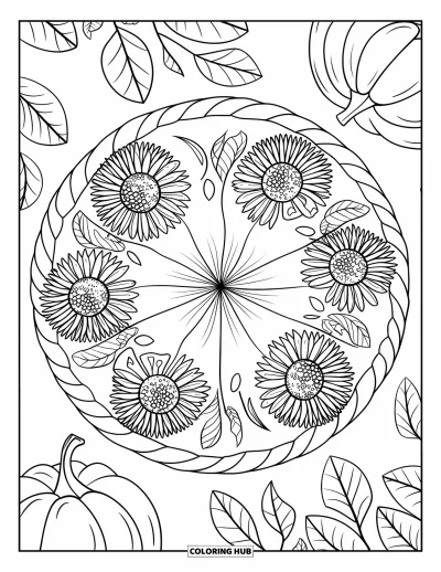 Coloriage de mandala d'automne pour enfants : Tarte au centre avec des anneaux de tranches de fruits, herbes et feuilles