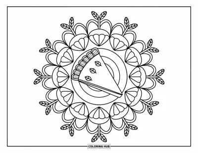 Coloriage de mandala d'automne pour enfants : Tranche de tarte dans des anneaux de mandala automnaux de quartiers de pommes et épis de blé