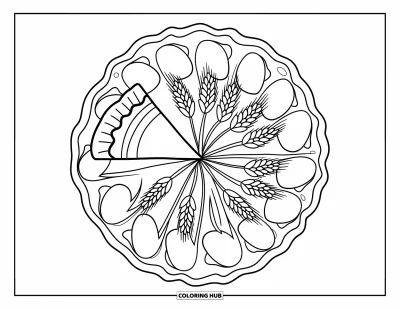 Coloriage de mandala d'automne pour enfants : Tranche de tarte à la croûte ornée entourée de pommes et épis de blé en cercles