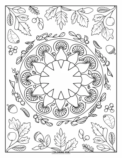 Coloriage de mandala d'automne pour enfants : Tarte entourée de couches de mandala avec des graines, herbes, fruits et feuilles d'automne