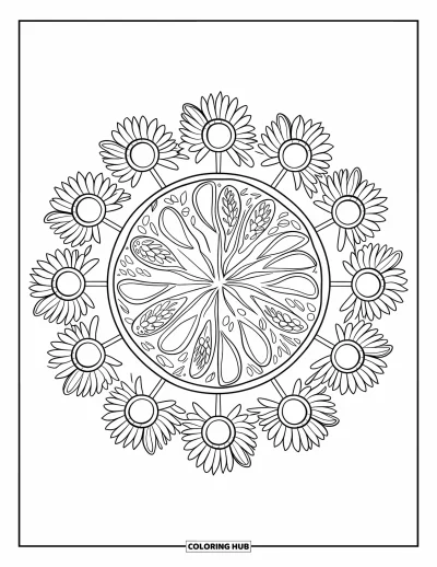 Coloriage de mandala d'automne pour enfants : Tarte avec des anneaux de mandala de graines, herbes et tranches de fruits