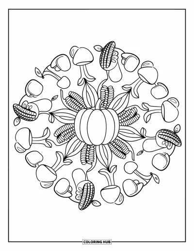 Coloriage de mandala d'automne pour enfants : Centre citrouille avec des anneaux de mandala de champignons, pommes et épis de maïs