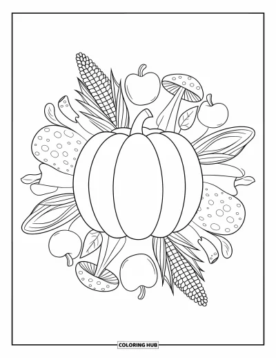 Coloriage de mandala d'automne pour enfants : Cœur de citrouille entouré de couches de champignons, pommes et épis de maïs