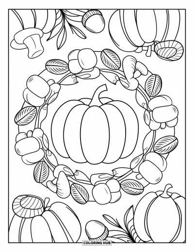 Coloriage de mandala d'automne pour enfants : Citrouille avec des anneaux de mandala d'éléments de récolte automnale