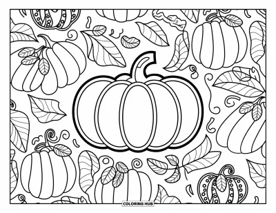 Coloriage de mandala d'automne pour enfants : Citrouille avec des courges et feuilles répétées en mandala