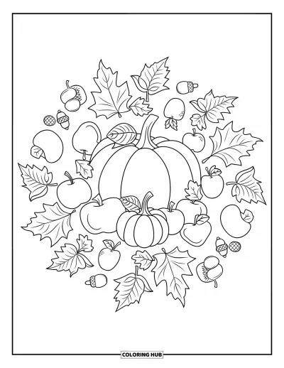 Coloriage de mandala d'automne pour enfants : Citrouille encadrée d'anneaux de mandala tourbillonnants d'éléments de récolte automnale