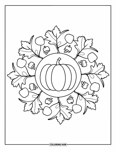 Coloriage de mandala d'automne pour enfants : Citrouille au centre entourée de feuilles d'érable et fruits d'automne en couches