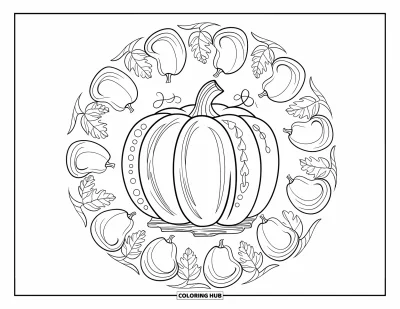 Coloriage de mandala d'automne pour enfants : Citrouille sur socle en bois entourée de courges et feuilles tourbillonnantes