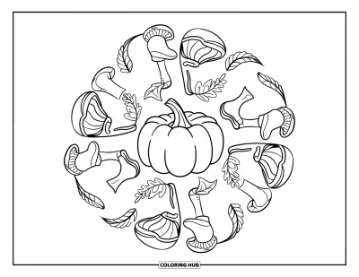 Coloriage de mandala d'automne pour enfants : Tranche de citrouille au centre avec des couches de mandala de bottes, champignons et feuilles