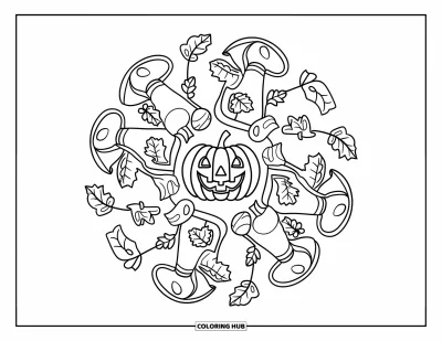 Coloriage de mandala d'automne pour enfants : Tranche de citrouille avec des anneaux de mandala de champignons, bottes et feuilles d'automne