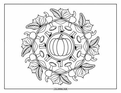 Coloriage de mandala d'automne pour enfants : Tranche de citrouille avec des anneaux de bottes, feuilles et champignons en mandala