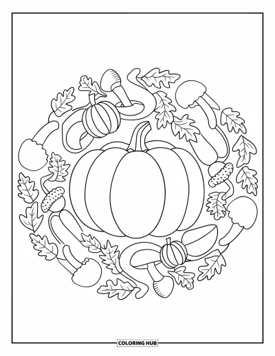 Coloriage de mandala d'automne pour enfants : Citrouille entourée de couches d'éléments automnaux en cercles de mandala