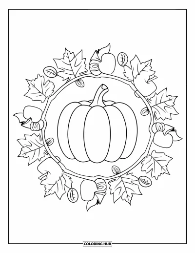 Coloriage de mandala d'automne pour enfants : Citrouille entourée de feuilles d'érable, pommes et glands tourbillonnants