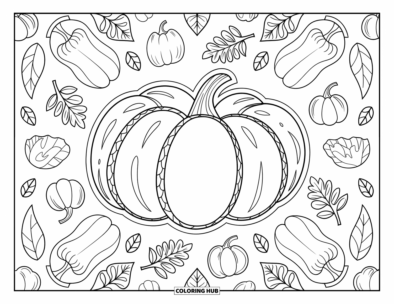 Fall Mandala Coloring Page for Kids: Pumpkin with decorative grooves and full-page gourd and leaf patterns