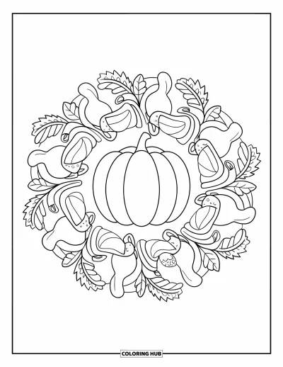 Coloriage de mandala d'automne pour enfants : Citrouille avec des anneaux de mandala de courges, champignons et glands