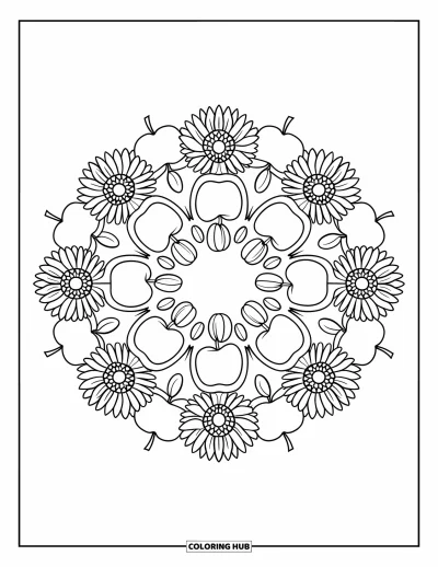 Coloriage de mandala d'automne pour enfants : Anneaux de mandala répétés de pommes et tournesols
