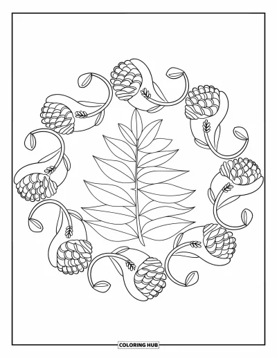 Coloriage de mandala d'automne pour enfants : Pile de feuilles encadrée de volutes de mandala en pommes de pin et branches