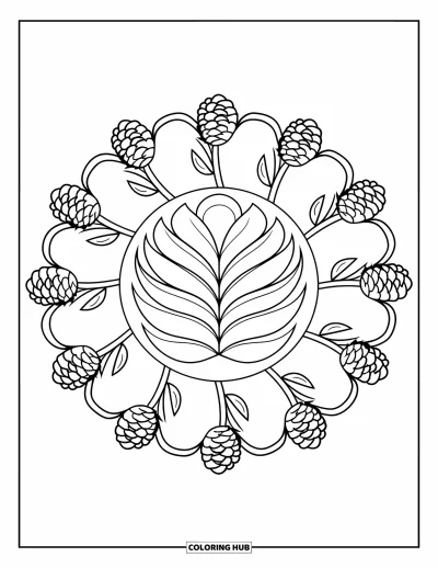 Coloriage de mandala d'automne pour enfants : Pile de feuilles au centre avec des pommes de pin et branches en motif circulaire