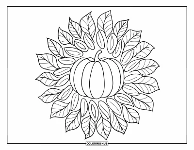 Coloriage de mandala d'automne pour enfants : Courge stylisée au centre avec des couches rayonnantes de feuilles d'automne