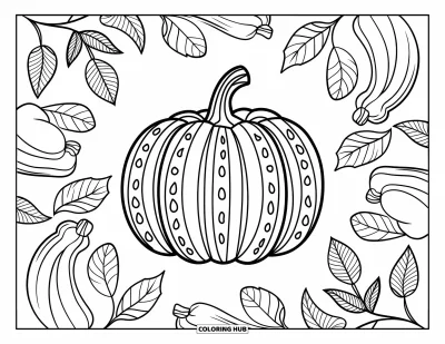 Coloriage de mandala d'automne pour enfants : Citrouille stylisée entourée de motifs répétés de feuilles et courges en mandala