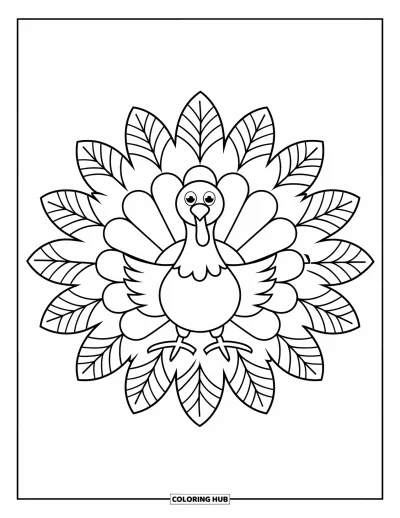 Coloriage de mandala d'automne pour enfants : Dinde stylisée avec des couches de mandala en plumes et feuilles
