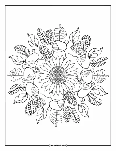 Coloriage de mandala d'automne pour enfants : Tournesol encadré d'éléments d'automne en cercles symétriques de mandala