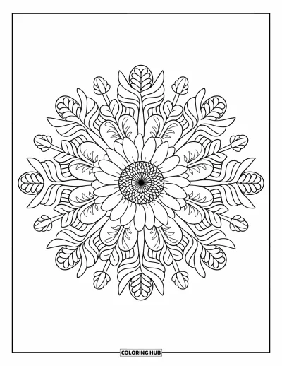 Coloriage de mandala d'automne pour enfants : Tournesol au centre avec des couches de mandala de champignons, feuilles et pommes de pin