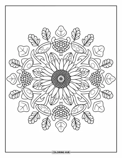 Coloriage de mandala d'automne pour enfants : Tournesol avec des couches de mandala de champignons, pommes de pin et feuilles