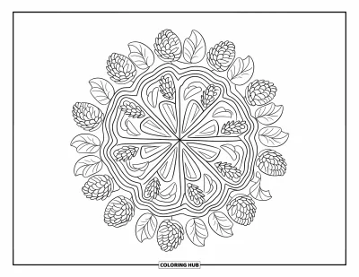 Coloriage de mandala d'automne pour enfants : Souche d'arbre avec des couches circulaires d'éléments de forêt automnale