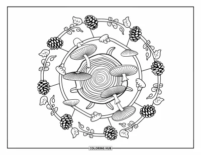 Coloriage de mandala d'automne pour enfants : Souche d'arbre au centre avec des anneaux détaillés de champignons et pommes de pin